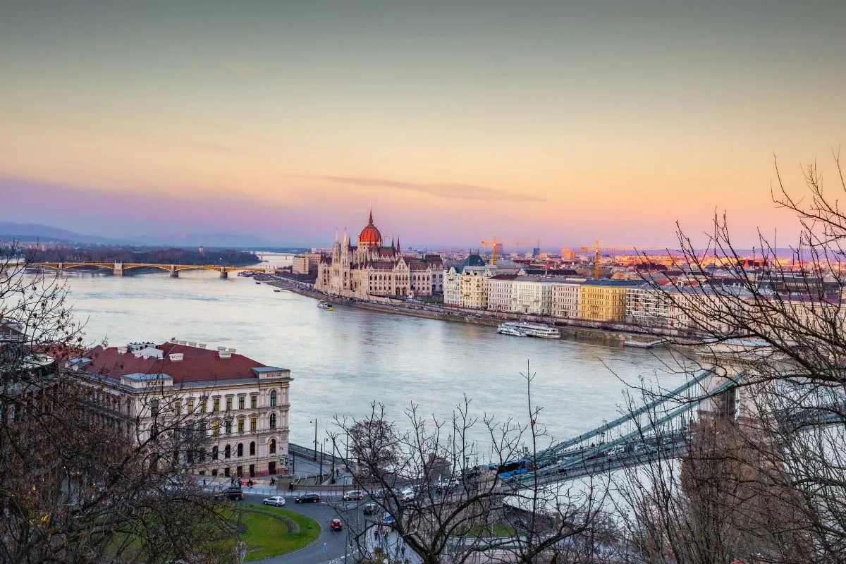 Budapest skyline at sunset with the Hungarian Parliament and Danube River — travel in Europe with eSIM connectivity