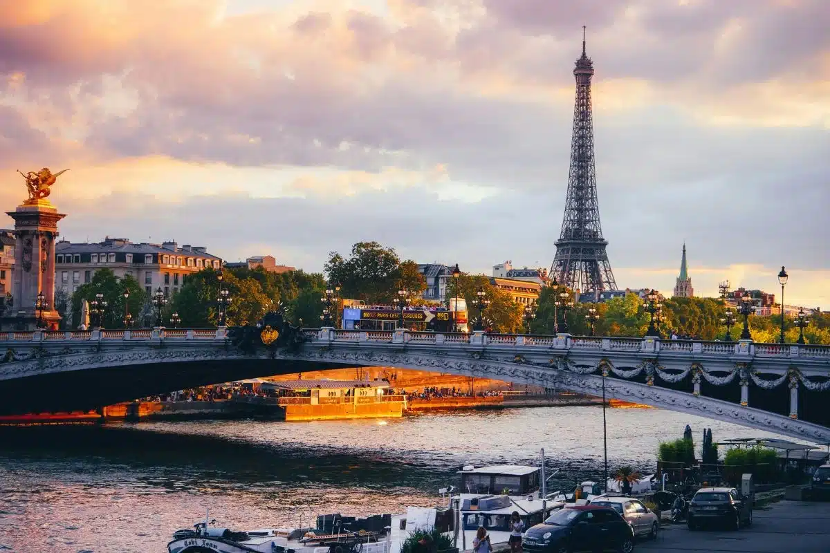 Eiffel Tower at sunset in Paris, France, illustrating the best eSIM in France for 2026 with Orange Travel and seamless mobile connectivity without roaming fees.