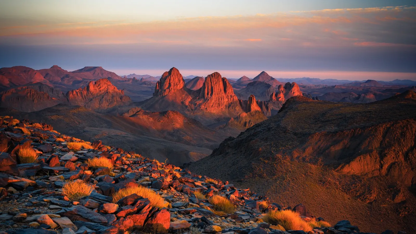 Hoggar mountains at sunset near Tamanrasset in the Algerian Sahara