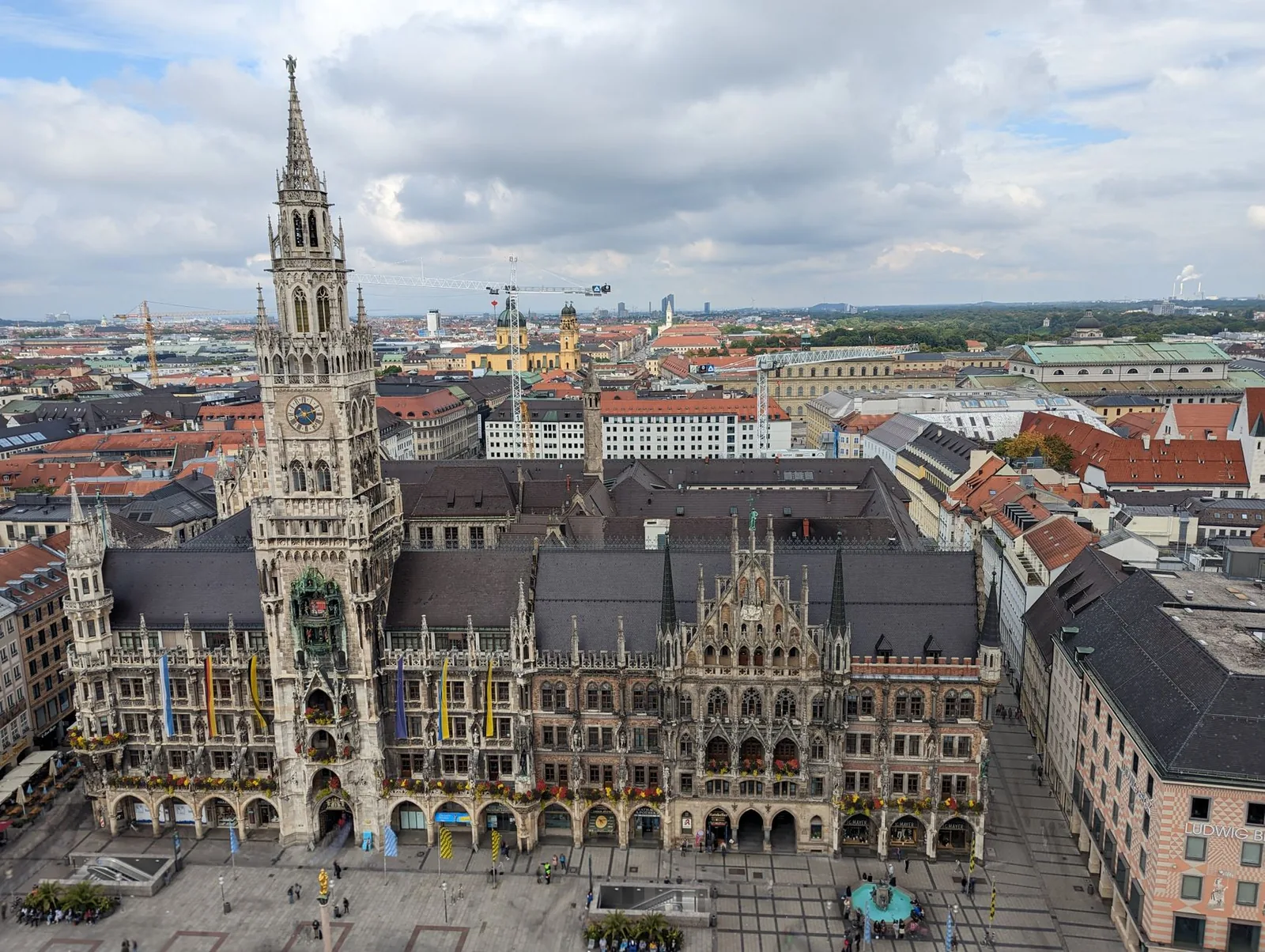 Aerial view of Munich's Marienplatz with the neo-Gothic New Town Hall and its tower rising above the old town