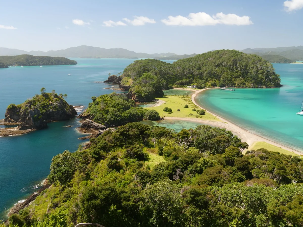 Turquoise shallow bay and tiny green islands at Ksamil near Saranda on the southern Albanian Riviera