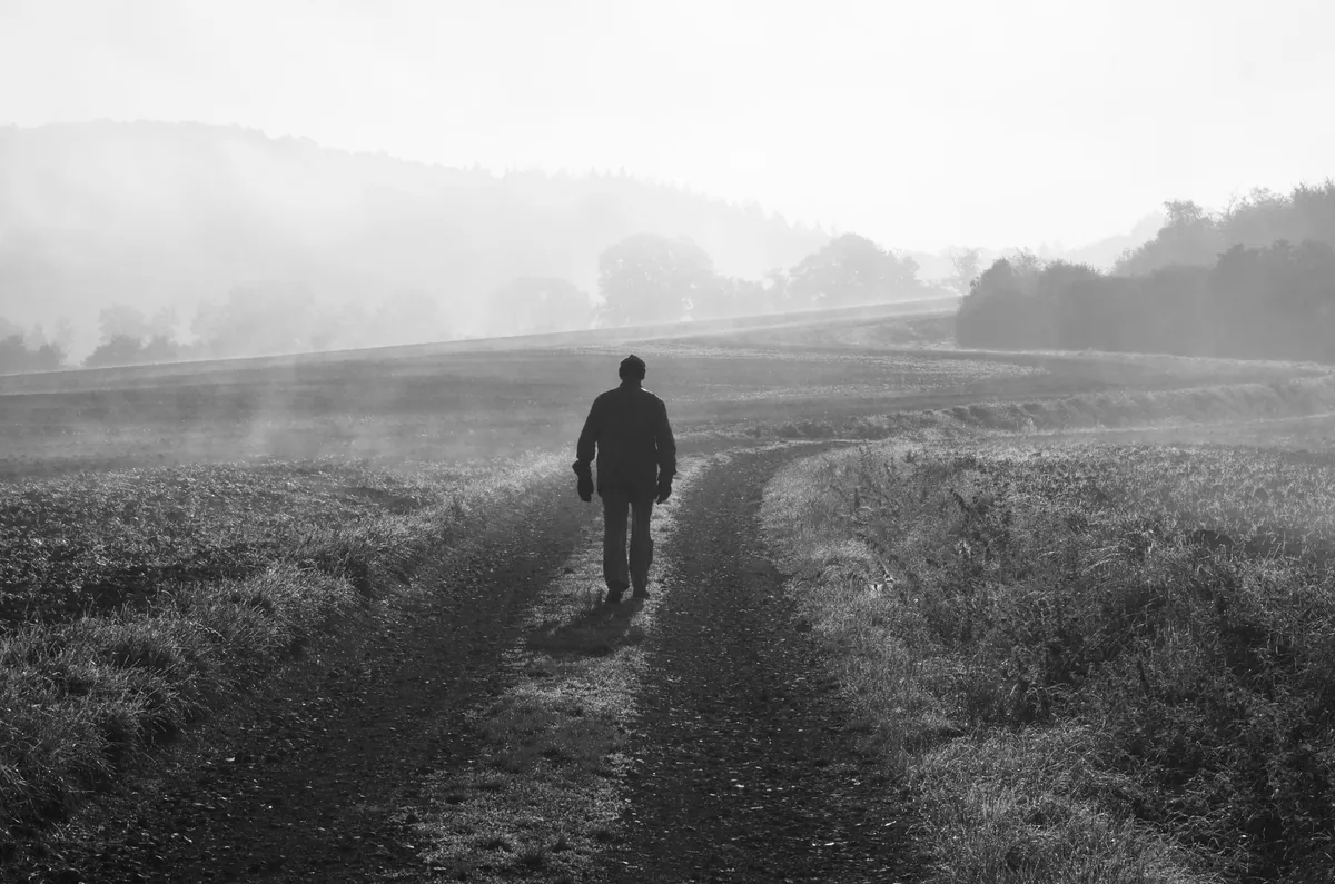 Peregrinos caminando por un sendero rural en Galicia hacia Santiago de Compostela, con bastón de marcha y concha en la mochila